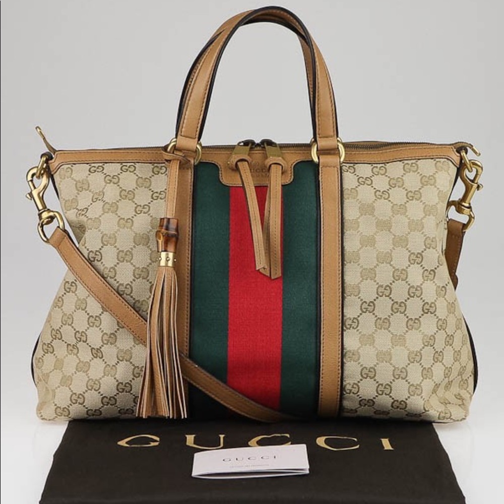 Gucci Monogram Web Medium Rania Top Handle Bag Sand
